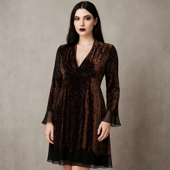 Elie‎ Tahari Brown Burnout Velvet Silk Blend Dress Womens M Boho Gothic Cocktail - Picture 1 of 11